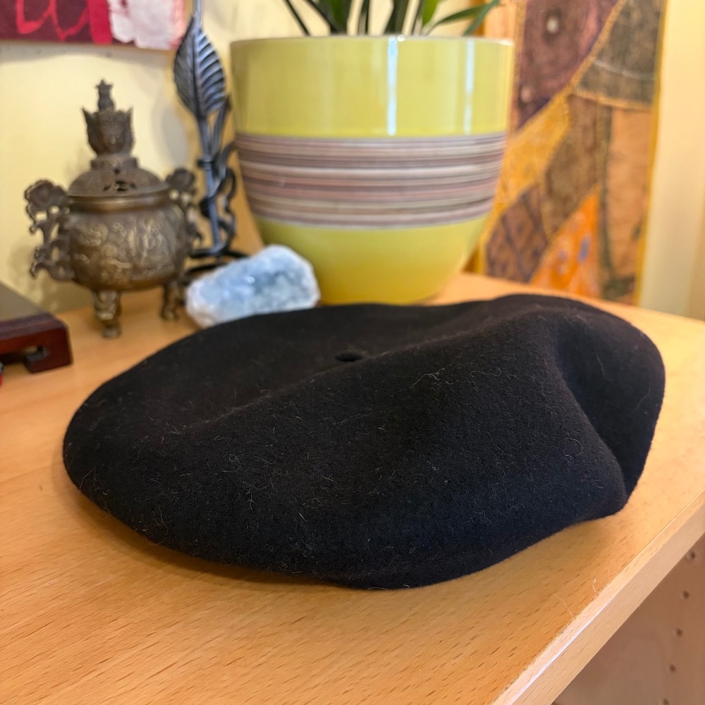 French Basque Authentique Beret Impermeable 9.5/59 Black 100% Wool Laine EUC